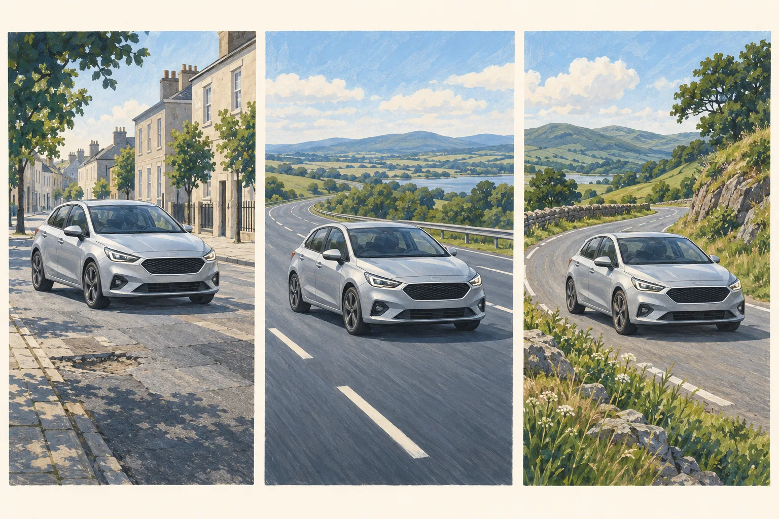 A silver hatchback travels through a city, along a motorway and around a country bend, illustrating three uses to consider when choosing wheels.