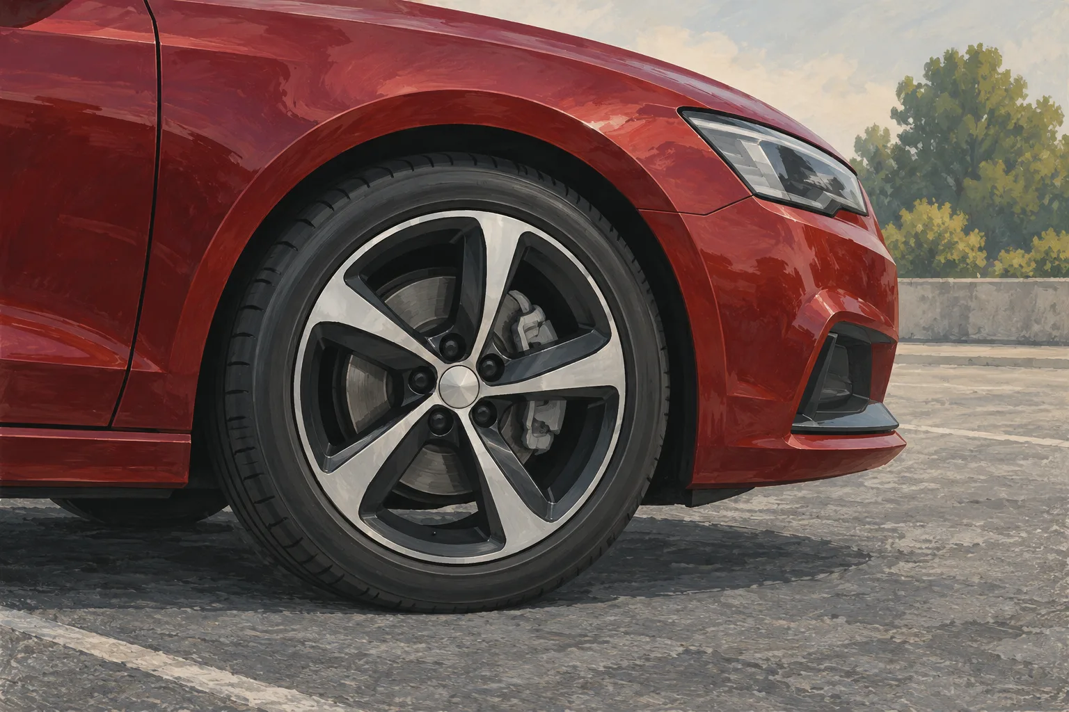 The front quarter of a dark red saloon with a two-tone black and silver five-spoke wheel, showing how the wheel, the arch gap and the body colour read together.