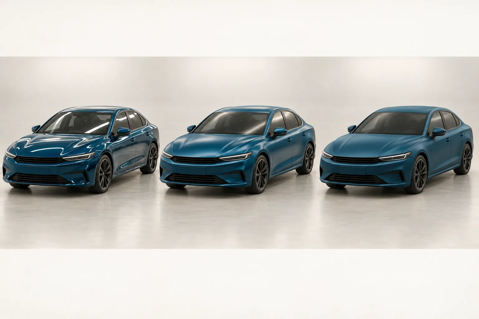 Three identical generic saloon cars in the same deep teal stand side by side in a studio; the left car shows sharp reflections, the centre car a soft sheen and the right car almost no shine.