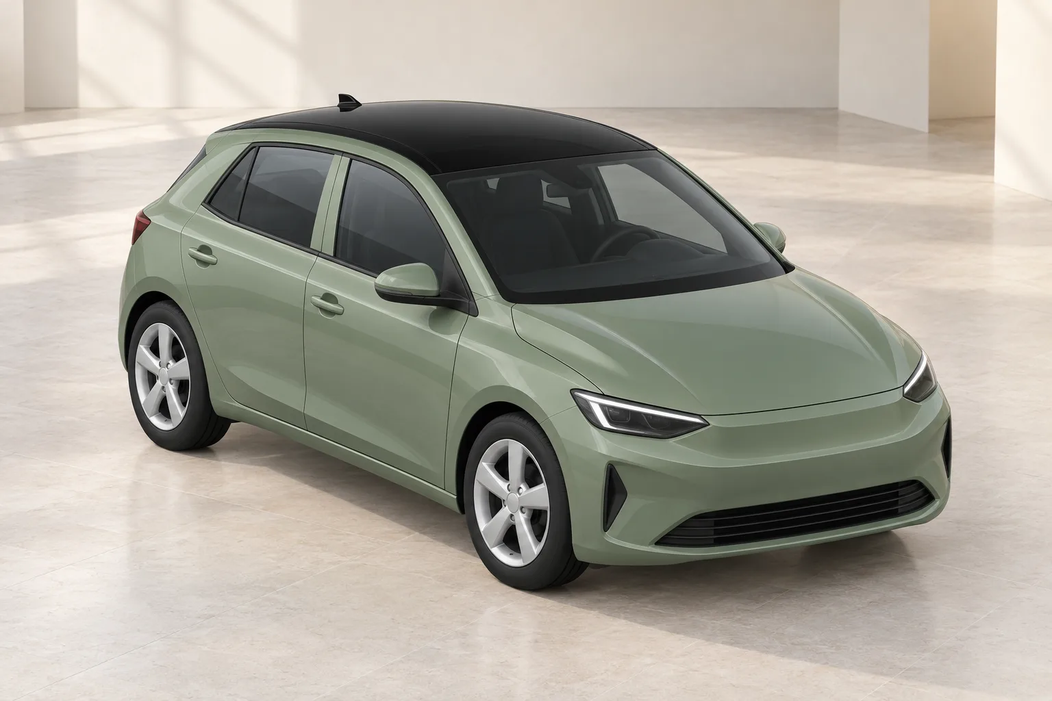 A generic sage-green hatchback has a glossy black roof, with the body and window pillars remaining green.