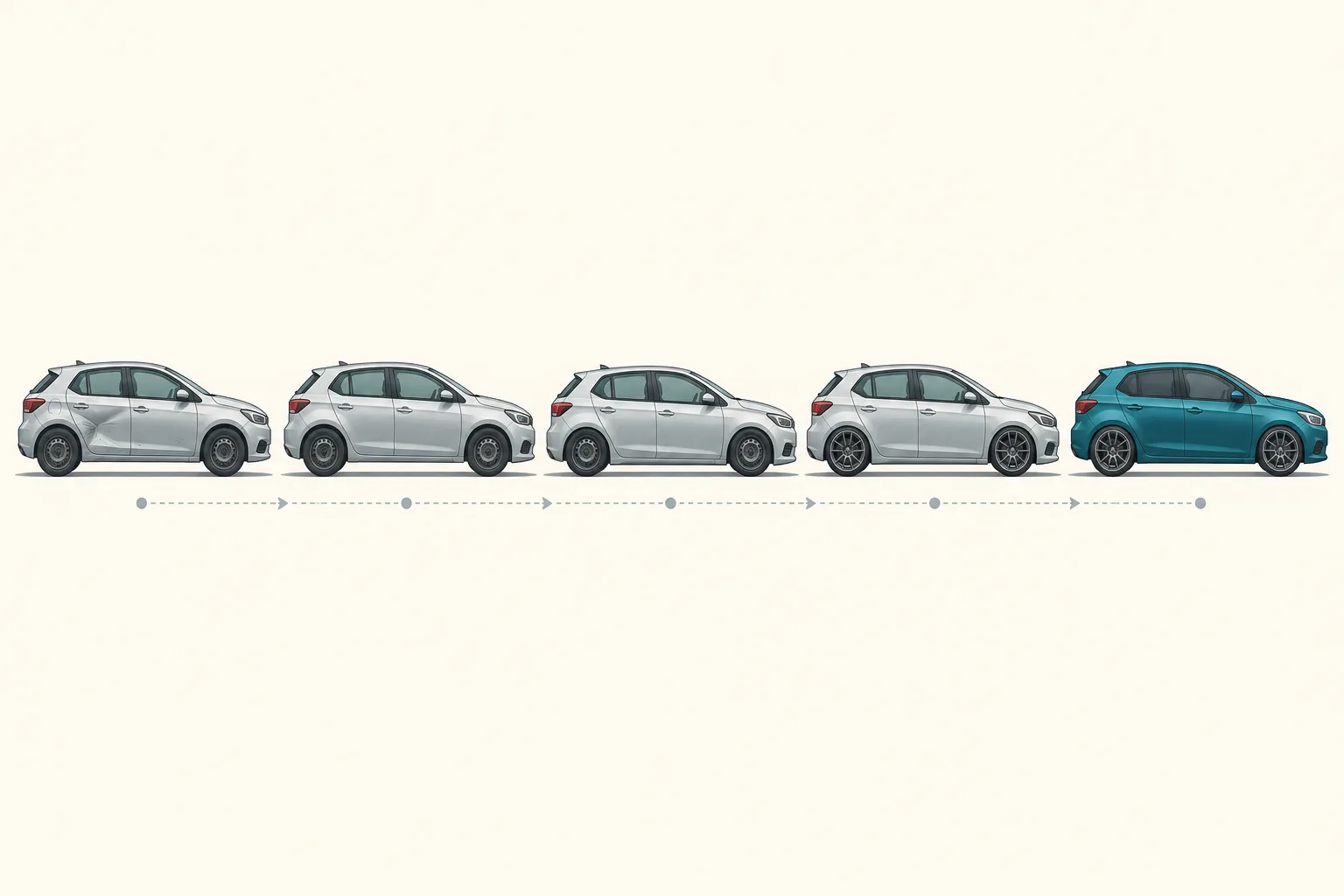 Five copies of the same hatchback stand in a row, each with one more change than the last: worn paint, repaired paint, lower ride height, new wheels, and finally a new colour with darker rear windows.