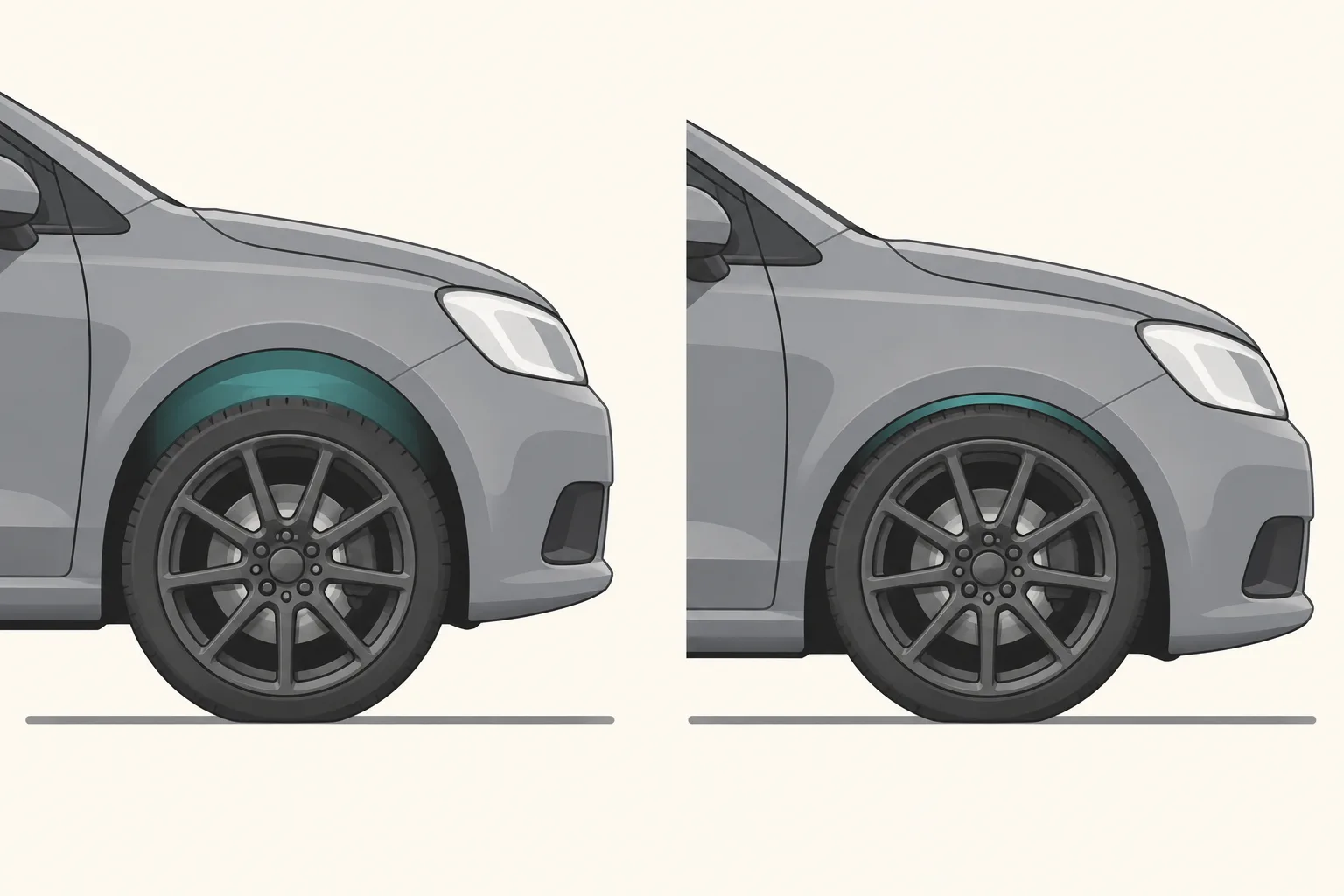 Two views of the same front wheel and arch: on the left the car is at standard height with a large gap above the tyre; on the right the car is lowered and the gap, shaded teal, is much smaller.