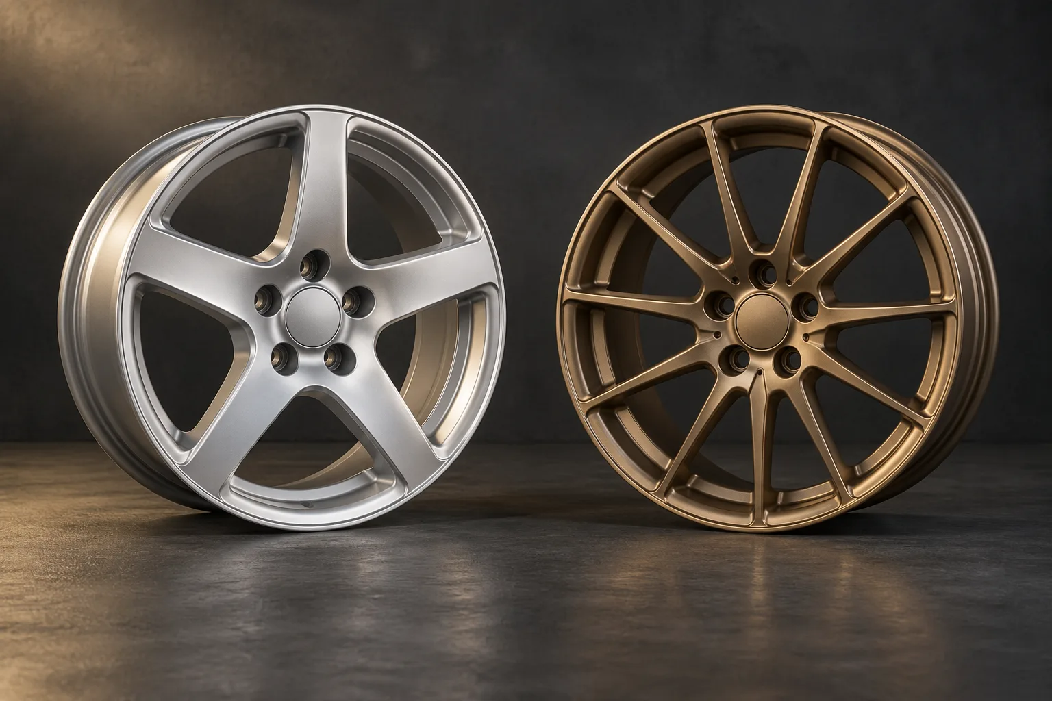 Two unmarked aluminium wheels stand together, one with broad silver spokes and one with slimmer bronze spokes, showing different designs to consider alongside construction.